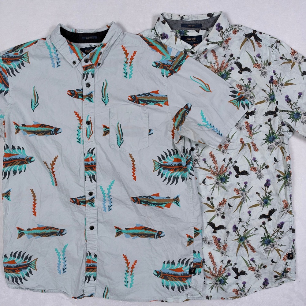 Lot of 2 Roark Artifacts of Adventure Mens Large Classic Fit Fish Floral Shirts